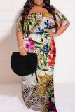 Leopard Print Off-Shoulder Floral Maxi Dress Casual Outings Vacation Short Sleeves Loose Fit Plus Size Gown
