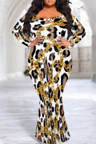 White Brown Leopard Chain Print U Neck Long Sleeve Evening Party Plus Size Bodycon Maxi Dress