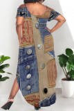 Multicolor Sexy Faux Denim Print Pocket Slit U Neck Short Sleeve Plus Size Straight Maxi Dresses