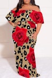Leopard Print Off-Shoulder Floral Maxi Dress Casual Outings Vacation Short Sleeves Loose Fit Plus Size Gown