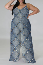 Medium Blue Casual Street Faux Denim Print Sleeveless V Neck Plus Size Wide Leg Jumpsuits(With a turban)
