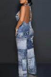Baby Blue Sexy Street Faux Denim Print Sleeveless Backless V Neck Halter Loose Jumpsuits