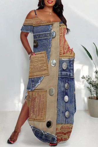 Multicolor Sexy Faux Denim Print Pocket Slit U Neck Short Sleeve Plus Size Straight Maxi Dresses