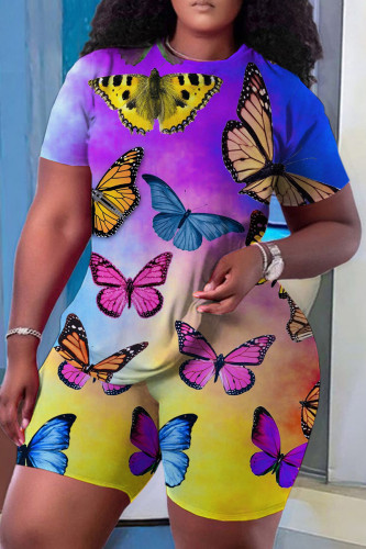 Multicolor Butterfly Print Crewneck Short Sleeve T Shirt and Skinny Shorts Casual Outings Two Piece Short Set