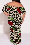 Leopard Print Off-Shoulder Floral Maxi Dress Casual Outings Vacation Short Sleeves Loose Fit Plus Size Gown