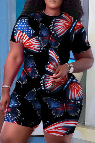 Red Blue Butterfly Print Crewneck Short Sleeve T Shirt and Skinny Shorts Casual Outings Two Piece Short Tracksuit Set