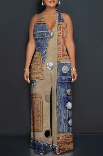Multicolor Sexy Street Faux Denim Print Sleeveless Backless V Neck Halter Loose Jumpsuits