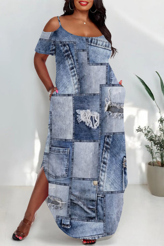 Baby Blue Sexy Faux Denim Print Pocket Slit U Neck Short Sleeve Plus Size Straight Maxi Dresses