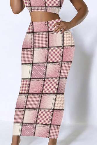 Pink Casual Faux Denim Print Skinny High Waist Midi Skirt