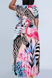 Red-brown Leopard Floral Print O Neck Short Sleeve Casual Outings Vacation Plus Size Straight Loose Maxi Dress