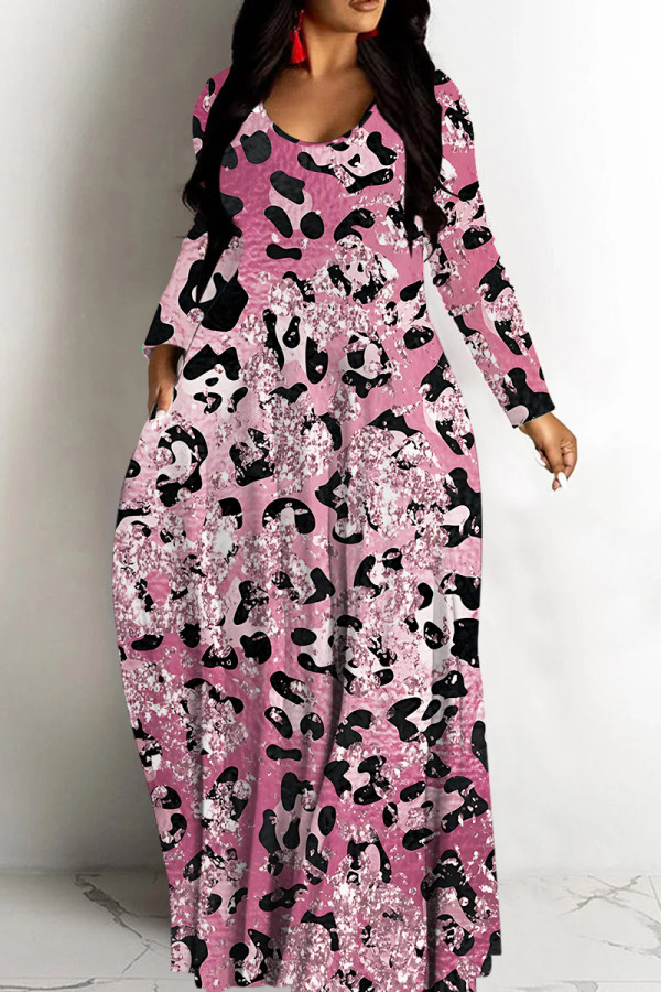 Rose Red Leopard Print V Neck Long Sleeve Casual Outings Vacation Straight Baggy Maxi Dresses
