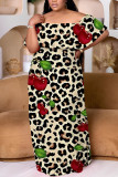 Leopard Print Off-Shoulder Floral Maxi Dress Casual Outings Vacation Short Sleeves Loose Fit Plus Size Gown