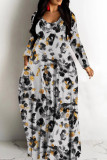 Pink Graphic Print V Neck Long Sleeve Casual Outings Vacation Straight Baggy Maxi Dresses