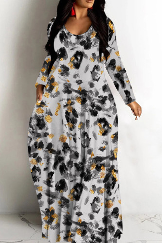 Leopard Print Graphic Print V Neck Long Sleeve Casual Outings Vacation Straight Baggy Maxi Dresses