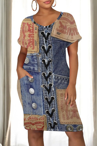 Dark Blue Casual Faux Denim Print Pocket V Neck Short Sleeve Straight Midi Dress