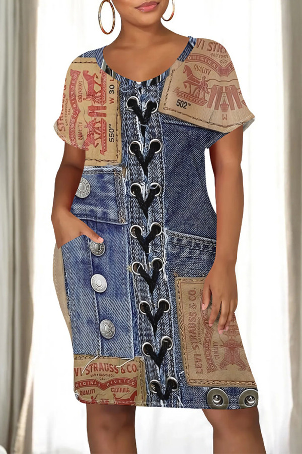 Dark Blue Casual Faux Denim Print Pocket V Neck Short Sleeve Straight Midi Dress