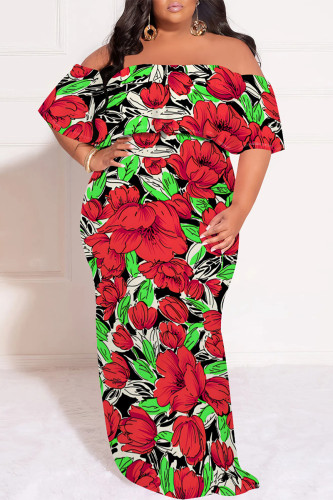 Red Sexy Floral Print Ruffle Off Shoulder Printed Plus Size Dresses