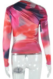 Colour Casual Print Patchwork Ruched Oblique Collar Tops