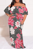 Black Red Sexy Floral Print Ruffle Off Shoulder Printed Plus Size Dresses