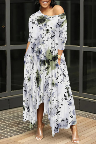 White Floral Print Gradient Pocket O Neck Irregular Hem Casual Vacation Loose Maxi Dresses
