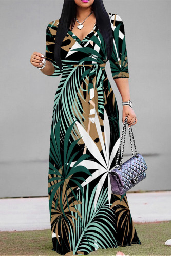 Green Street Elegant Floral Print Lace Up Contrast V Neck Printed Dresses