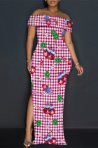 Pink Sexy Street Plaid Cartoon Print Flowers Slit Contrast Off Shoulder Printed Dresses