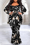 Deep Coffee Floral Print V Neck Fishtail Hem Long Sleeve Vacation Plus Size Bodycon Maxi Dress