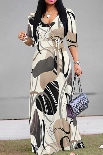 Beige Street Elegant Floral Print Lace Up Contrast V Neck Printed Dresses