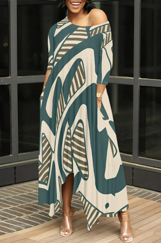 Stripe Floral Print Gradient Pocket O Neck Irregular Hem Casual Vacation Loose Maxi Dresses