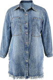 Blue Turndown Collar Long Sleeve Fringed Trim Pocket Buckle Straight Loose Plus Size Denim Midi Dresses