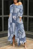 Baby Blue Casual Street Faux Denim Print Pocket O Neck Irregular Hem Straigh Loose Maxi Dresses