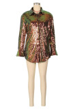 Black Flared Cuffs Button-Down Long Sleeve Sequin Shirt Loose Fit Night Out Blouse