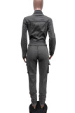 Dark Gray Utility Zip-Up V Neck Long Sleeve Belted Waist Skinny Denim Jumpsuit with Cargo Pockets