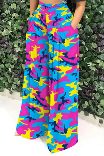 Purple Casual Street Geometric Print Camouflage Print Pocket Contrast Loose High Waist Wide Leg Full Print Bottoms