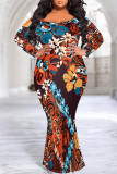 Deep Coffee Floral Print V Neck Fishtail Hem Long Sleeve Vacation Plus Size Bodycon Maxi Dress