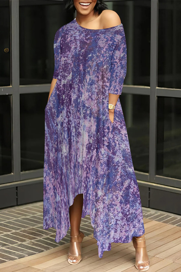Purple Floral Print Gradient Pocket O Neck Irregular Hem Casual Vacation Loose Maxi Dresses