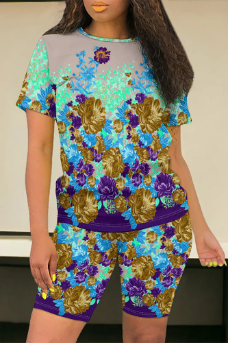 Purple Casual Street Flowers Chain print Contrast O Neck Short Sleeve Two Pieces