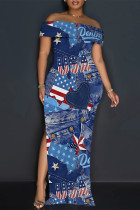 Navy Sexy Street Faux Denim Print Slit Off Shoulder Printed Dresses