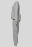 Grey Crewneck Long Sleeve Sweatshirt and Draw String Pants Casual Streetwear Two Piece Jogging Suit