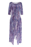 White Floral Print Gradient Pocket O Neck Irregular Hem Casual Vacation Loose Maxi Dresses