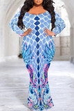 Baby Blue Plus Size Colorful Polka Dot V Neck Fishtail Hem Long Sleeve Bodycon Maxi Dress