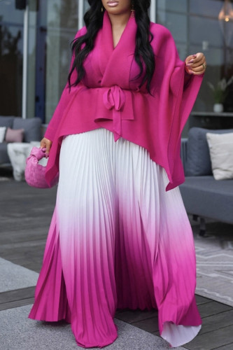 Rose Red Ombre Kimono Sleeve Top and Pleated Maxi Skirt Open Front with Tie Wedding Guest Two Piede Dress Set
