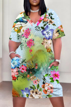 Sky Blue Casual Street Floral Print Pocket Contrast V Neck Printed Plus Size Dresses