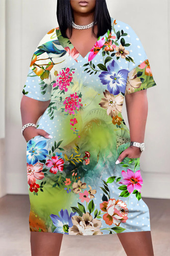 Sky Blue Casual Street Floral Print Pocket Contrast V Neck Printed Plus Size Dresses