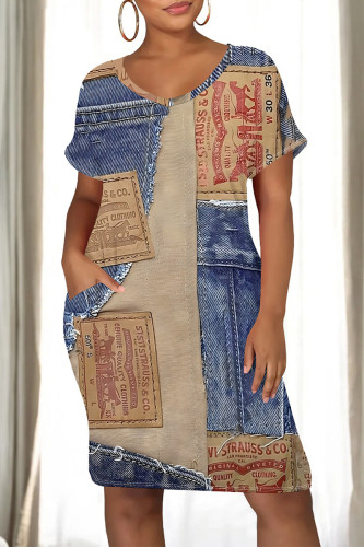 Blue Coffee Casual Faux Denim Print Pocket V Neck Short Sleeve Straight Midi Dress