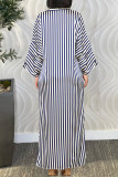 Blue Long Striped Shirt Dress Lapal Collar Long Sleeve Loose Fit Casual Outings Straight Maxi Dress