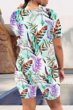 Colour Casual Street Geometric Print Floral Print Contrast O Neck Short Sleeve Two Pieces