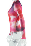 Colour Casual Print Patchwork Ruched Oblique Collar Tops