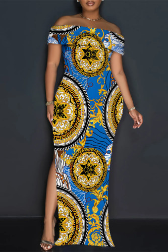 Dark Blue Sexy Street Plaid Cartoon Print Flowers Slit Contrast Off Shoulder Printed Dresses