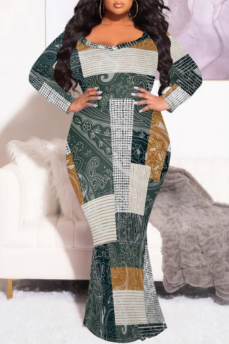 Green Ikat Print Bohemian Maxi Dress Scoop Neck Long Sleeve Plus Size V Neck Fishtail Hem Party Evening Gown